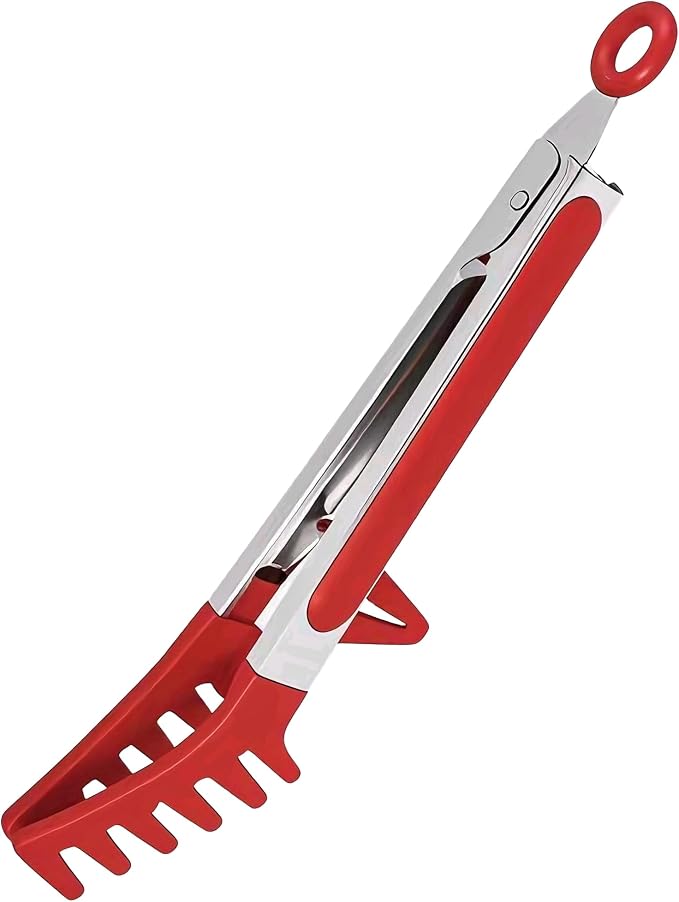 Professional Stainless Steel Pasta Tongs with Non-Slip Silicone Teeth - Heat Resistant 600°F, Dishwasher Safe Spaghetti Server Utensil for Cooking, Baking, Salad...(red)