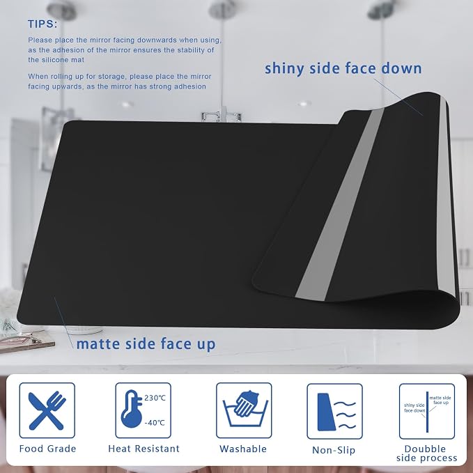Food-Grade Silicone mat，2MM Extra Thick Silicone Mats for Kitchen Counter, 25.6" x17.7" Non-Slip Waterproof Large Countertop Protector Mat, Heat Resistant Mat, Silicone Placemat (Black)