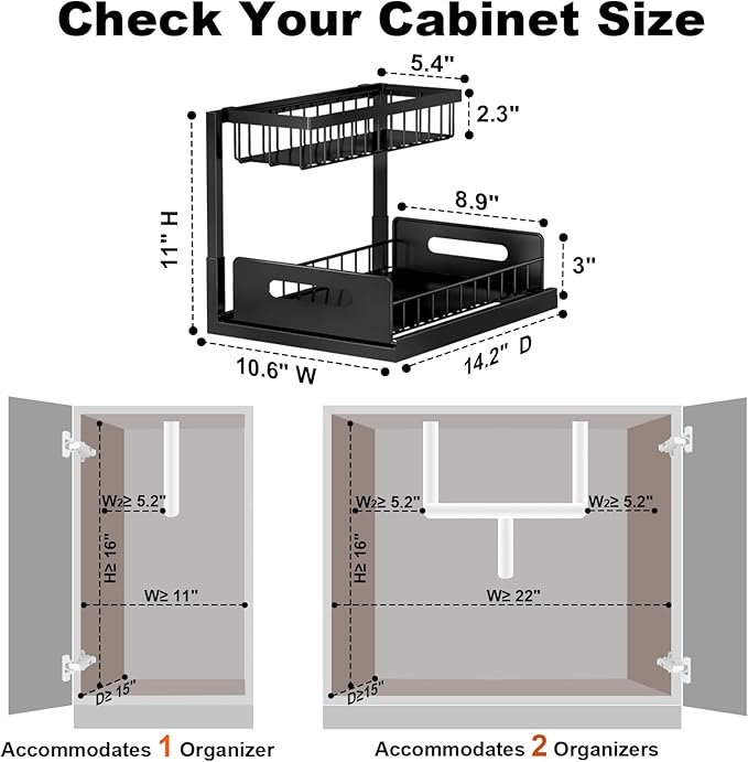 Under Sink Organizer, L-Shaped 2 Tier Pull Out Cabinet Organizer | For Kitchen and Bathroom, Slide Out Under Cabinet Storage, Metal Under Sink Storage with Sliding Drawer, 50 lbs, Black 2 Pack