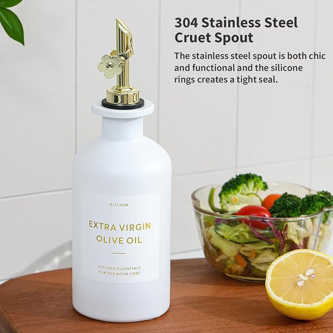 HOMCDALY Olive Oil Dispenser for Kitchen, 12oz Glass kitchen Dispenser Bottle, Gold Oil&Vinegar Cruet Set, Leakproof Oil Containers for Cooking| Set of 2 (12oz – Gold)