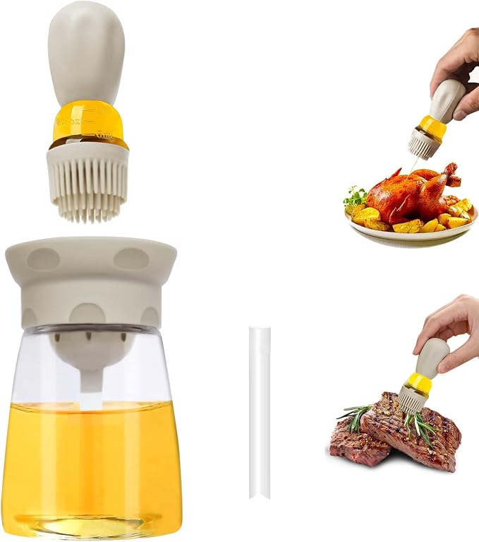 Oil Dispenser Bottle with Brush - 2 IN 1 Glass Olive Oil Storage and Container with Silicone Basting Brush for Kitchen BBQ Grilling Baking and Cooking, T-OB22, Grey