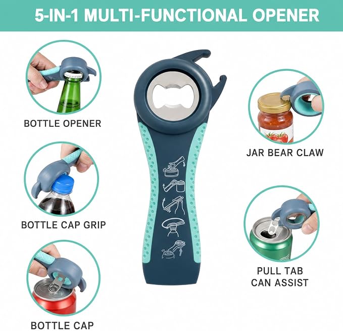 Jar Opener & Bottle Opener for Seniors, Arthritis, Weak Hands, Non Slip Lid Grip Remover, Effortless Twist,4-in-1 Multi Purpose Kitchen Tool(Blue)