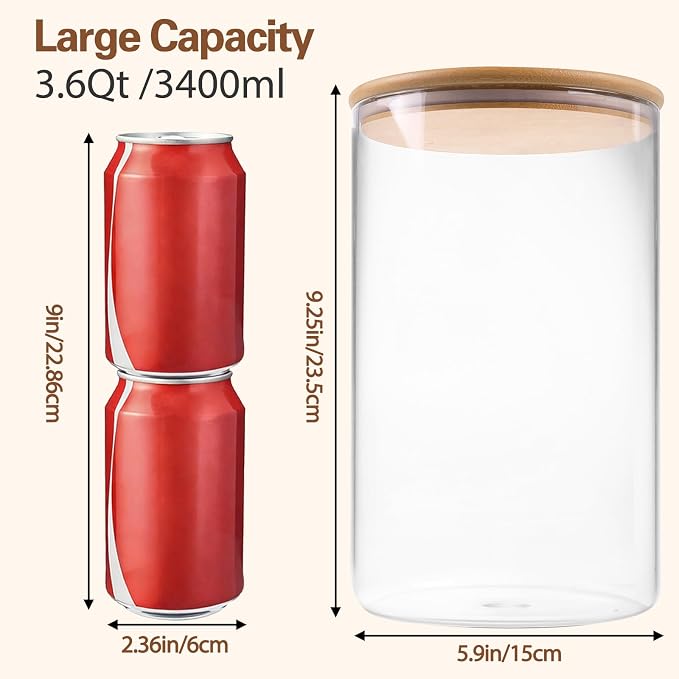 2pcs Glass Food Storage Containers with Bamboo Lids, 3.6qt Glass Jars | Extra Large Airtight Pantry Storage Jars for Flour, Sugar, Bulk Dry Goods