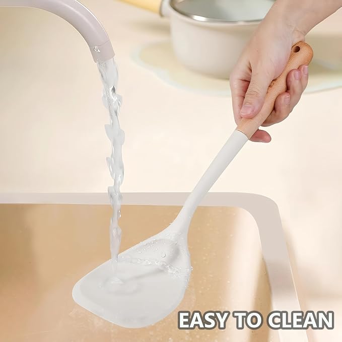Silicone Cooking Utensils Set 5 Pcs Large Non-Stick Kitchen Utensils Set, Wooden Handle Heat Resistance Turner Soup Ladle Spoon Silicone Cooking Kitchen Gadgets BPA Free for Nonstick Cookware