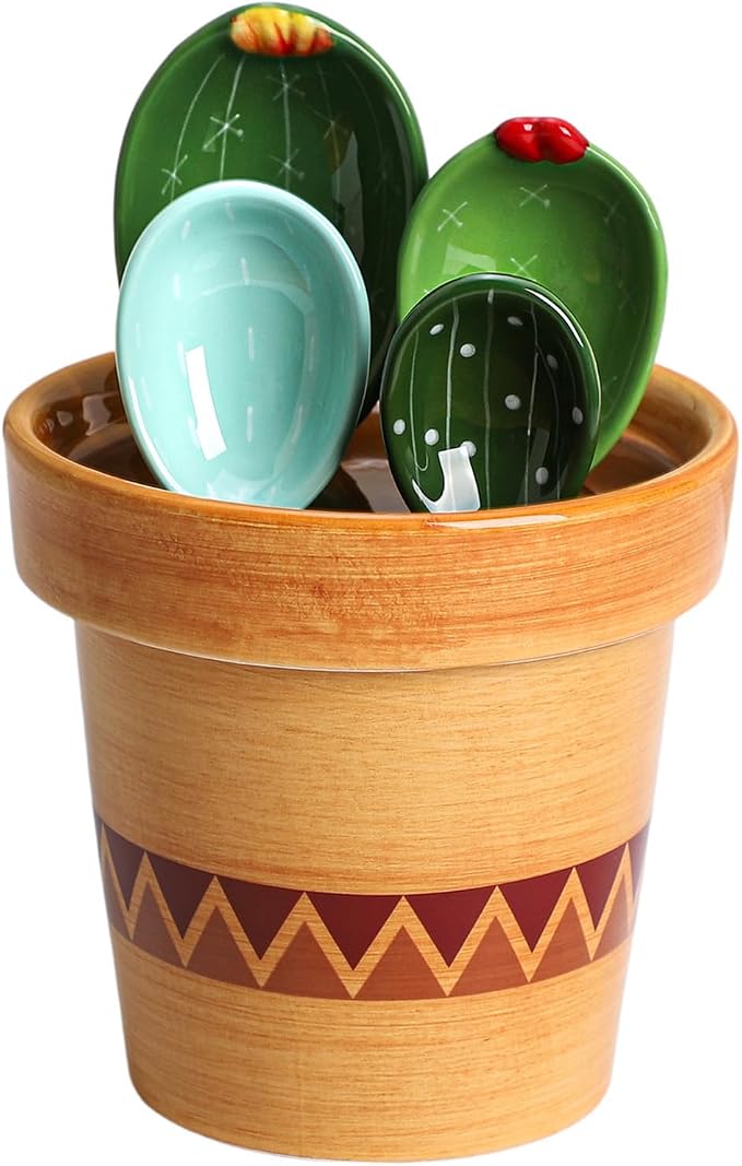 Sizikato 4pcs Porcelain Measuring Spoons with Base, Cute Cactus Shape