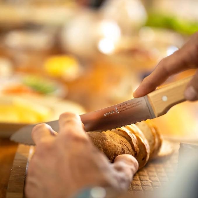 OPINEL No. 116 Parallele Bread Knife, Serrated Edge Kitchen Knife, Elegant Beech Wood or Olive Wood Handle, Made in France (Olive)