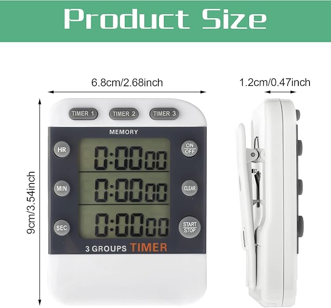 Photect 2 Pcs Digital Kitchen Timer 3 Channels Multi Timer Loud Adjustable Alarm Magnetic Count up Down Memory Preset Battery Included for Cooking Baking BBQ Study Classroom