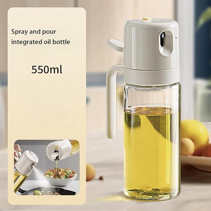 Olive Oil Sprayer 2 in 1 Olive Oil Dispenser 550ml / 19.4Oz Oil Bottle with Fine Mist Nozzle - Oil Sprayer for Cooking, Kitchen, Salad, Barbecue Warm Gray