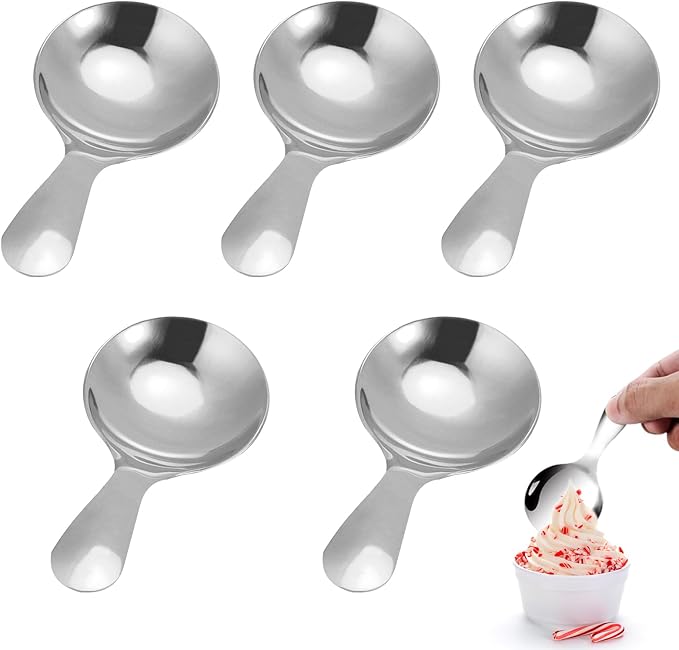 5PCS Ice Cream Scoop, Mini Silver Serve Candy Spoon Stainless Steel Short Handle Salt Condiments Dessert Condiment Spoons for Salt Sugar Condiments Coffee Tea Dessert(Silver)