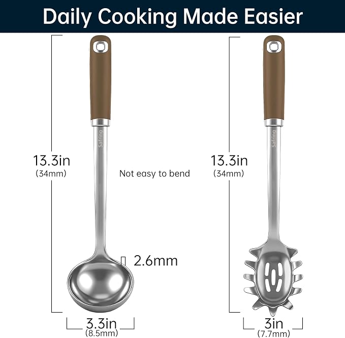Safring Stainless Steel Soup Ladle and Spaghetti Spoon Set, Heat Resistant Rubber Handle, Dishwasher Safe, Kitchen Utensils for Cooking, Stirring, Serving Pasta, Soup & Sauce (Coffee)