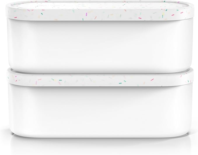 BALCI Ice Cream Containers - 2 Quart Ea. (Set of 2) - Premium Reusable Freezer Storage for Homemade Ice Cream Tub for Sorbet, Frozen Yogurt - Flexible Silicone Lids, Long Scoop - White With Sprinkles