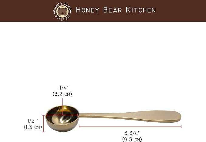 Honey Bear Kitchen 7.5 ml '1 perfect tea spoon' Measuring Scoop Spoons, Gold Polished Stainless Steel, Set of 2