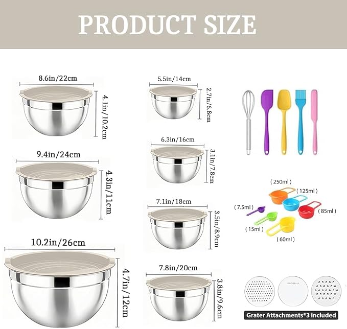 Mixing Bowls with Lids Set | Stainless Steel, 7 Sizes (0.7-4.5QT), with 3 Grater Attachments, Nesting, Dishwasher Safe (Khaki-7 Sizes)