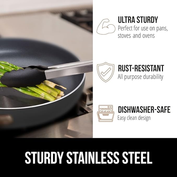 GORILLA GRIP Stainless Steel Heat Resistant Kitchen Tongs for Cooking, 7 + 9 + 12 + 14 Inch Set of 4 BBQ Tong, Non Scratch Silicone Tip for Pans, Grab Food, Toss Salad, Pull Lock, Black
