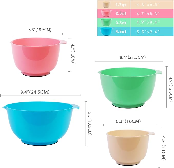 BoxedHome Classic Mixing Bowls Set of 4, BPA Free Plastic, Microwave Safe | 4.5, 3.5, 2.5 and 1.7 QT, Non-slip Base Large Non-toxic Nesting Bowl with Pour Spout, Dishwasher Safe, for Prep, Cooking