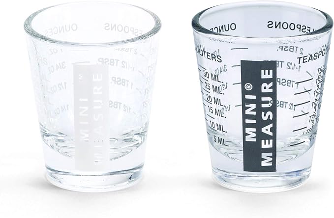 Kolder Mini Measure Heavy Glass, 20-Incremental Measurements Multi-Purpose Liquid and Dry Measuring Shot Glass, Black and White, Set of 2