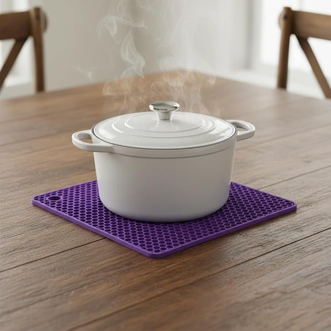 6-Pack Silicone Trivet Mats, Heat Resistant Hot Pads, Dishwasher Safe Kitchen Mats, BPA-Free Pot Holders for Table, Countertop, Stove, Honeycomb Design (Purple, 7" Square)