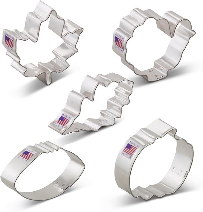 Ann Clark Cookie Cutters Fall Thanksgiving Cookie Cutters 5-Pc. Set Made in USA, Maple Leaf, Turkey, Oak Leaf, Pumpkin, Football