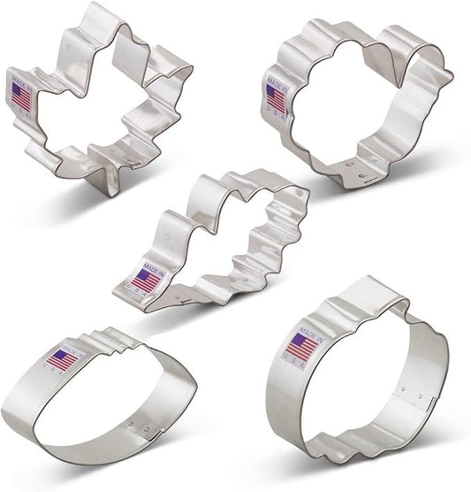 Ann Clark Cookie Cutters Fall Thanksgiving Cookie Cutters 5-Pc. Set Made in USA, Maple Leaf, Turkey, Oak Leaf, Pumpkin, Football