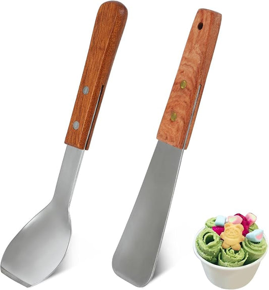2 Pieces Ice Cream Scoop with Wooden Handle, Stainless Steel Dessert Spade & Butter Cutter, Essential Kitchen Tool – Perfect Flat Ice Cream Metal Spade for Home and Commercial Use