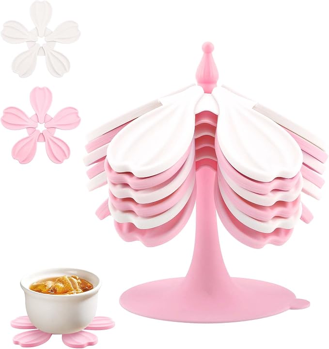 Silicone Trivet Mat - 6 Flower-Shaped Silicone mats + 1 Stand, Non-Slip & Heat Resistant Kitchen Hot Pads for Table & Countertop, Multifunctional Mats can Hold Coffee, Plates