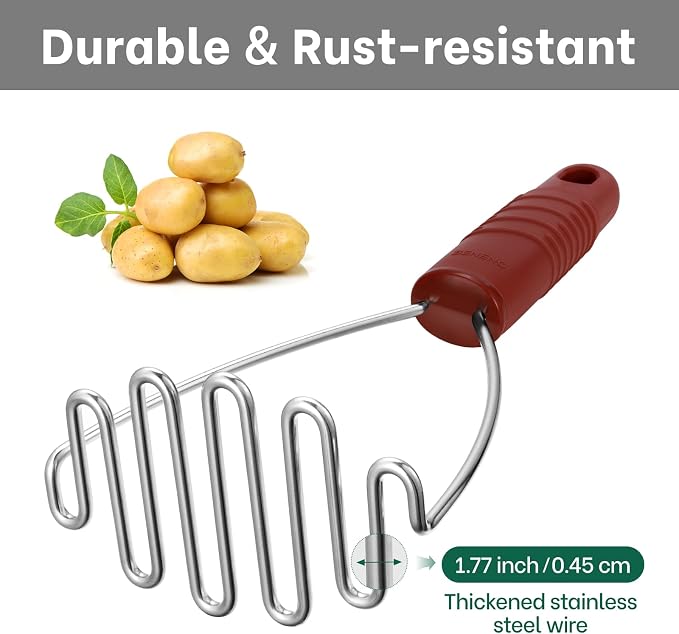 Beneno Thickened Reinforced Stainless Steel Wire Potato Masher, Ergonomic Non-Slip Grip Handle for Effortless Mashing, Rust-Proof & Dishwasher Safe Sturdy Kitchen Tool, Ideal Gift, Red