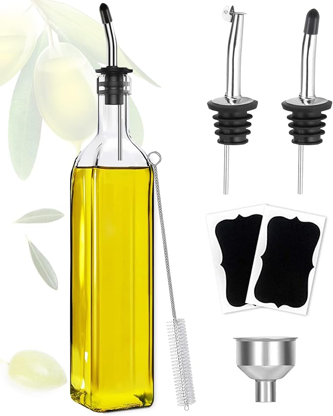 Showvigor Olive Oil Dispenser, 17oz/500ml Square Tall Glass Container With 2 Stainless Steel Pourers, 2 Labels, 1 Brush and 1 Funnel for Kitchen
