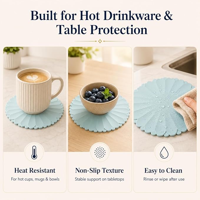 Heat-Resistant Silicone Trivet Mats, Non-Slip Hot Plate Holder for Kitchen Countertops & Dining Table, Reusable Pot Holder Pad with Secure Grip, Dishwasher Safe (Sea Sky Blue, Diameter: 18cm/7.09")