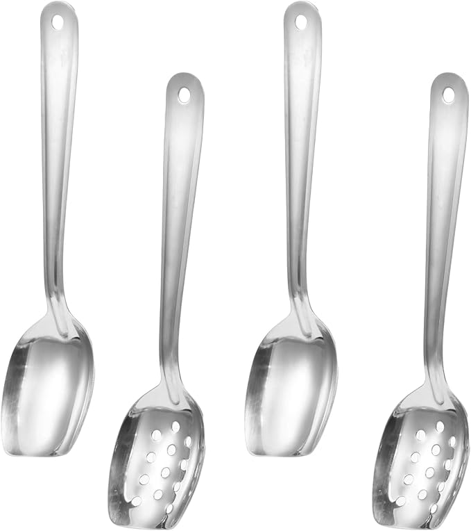 4 Pack Large Serving Spoons Flat Bottom Cooking Slotted Spoon Stainless Steel for Cooking Kitchen Parties Buffet Utensils Dishwasher Safe,2 Styles 10 Inch Silvery