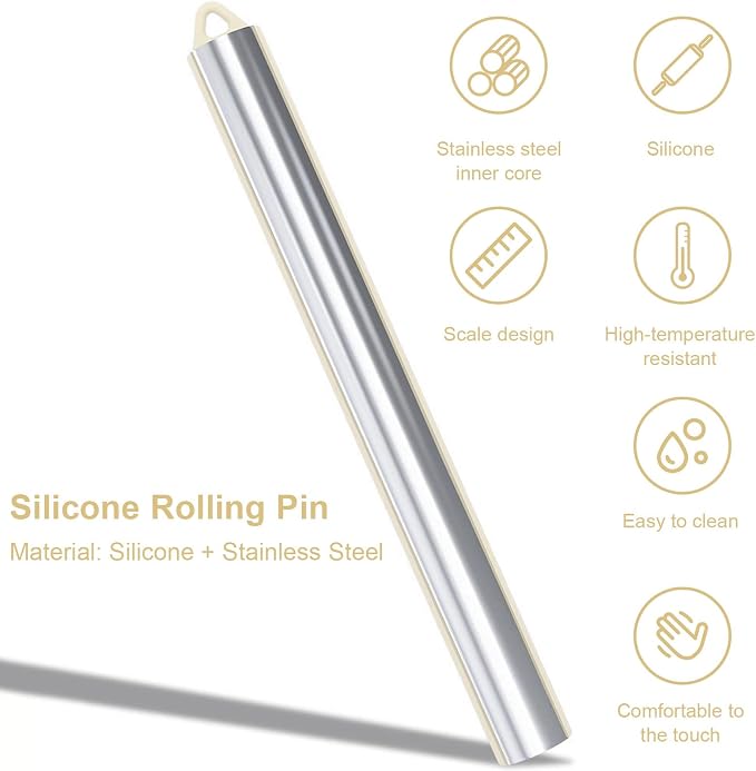 Non Stick Dough Roller Pins for Baking,Silicone Rolling Pin with Steel Core 10.39"/26.4cm (Color A)