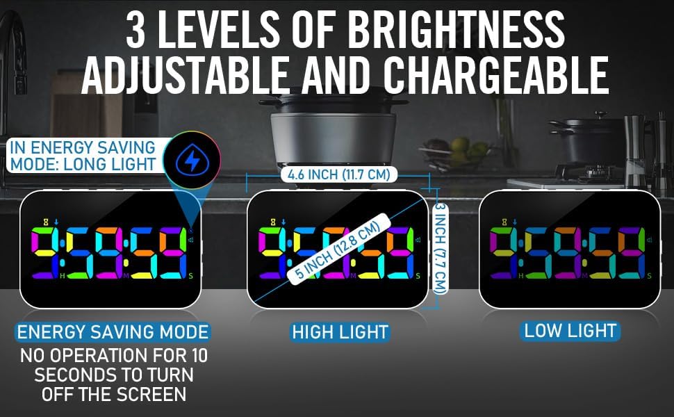 Kitchen Digital RGB Timer, Count Down Up, Rechargeable, Vibration Mode Adjustable Volume and Brightness LED Display, Time Management Cook, Desk, Kids Adults Study Teaching, Kitchen Gadgets