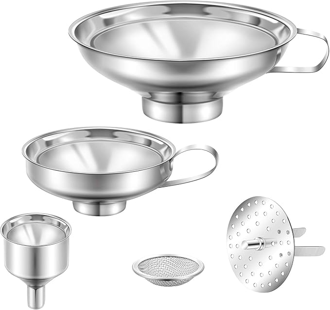 Shappy 5 Pieces Stainless Steel Funnels Set Canning Funnel Fine Mesh Strainer Mesh Filter Compatible with Wide and Regular Narrow Mouth Mason Jar