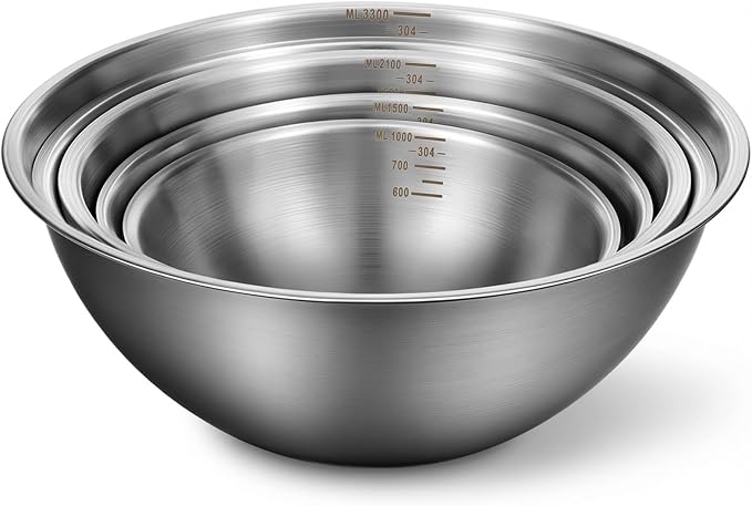 5 Pack Stainless Steel Mixing Bowls with Marks, Heavy Duty Nesting Bowls Set, Food Grade 304, Dishwasher Safe & Stackable for Cooking, Baking, Prepping (1, 1-1/2, 2, 2-1/2, 3-1/2 QT)