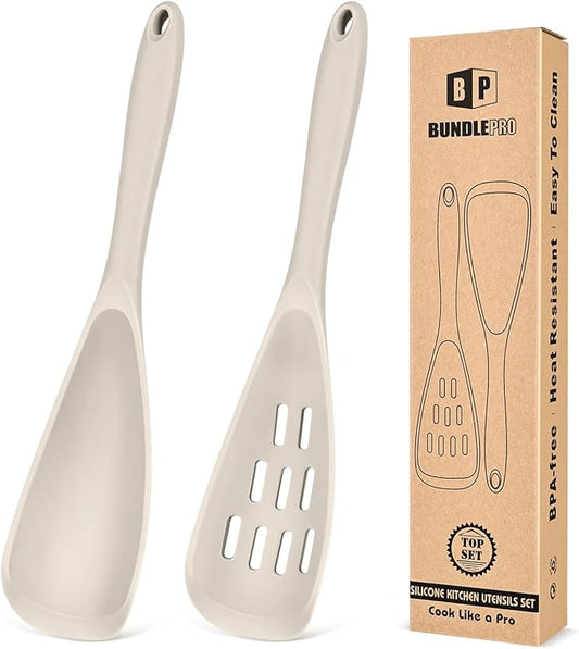 Pack of 2 Cooking Spoons for Non Stick Cookware, Multifunction Spatula Spoon BPA-Free, One-Piece Design, Suitable for Scooping, Scraping, Serving and Mixing(KHAKI)