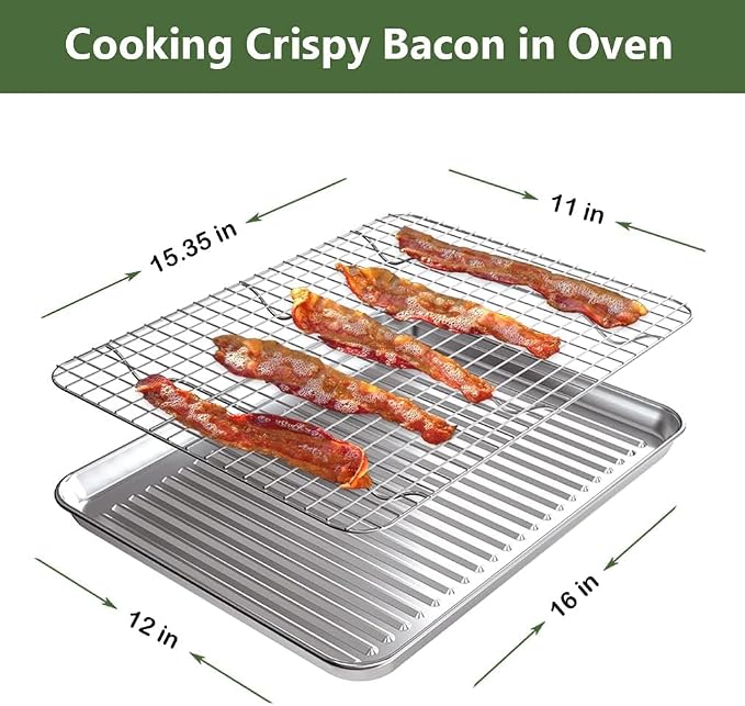 ROTTAY Baking Sheet with Rack Set (2 Pans + 2 Racks), Stainless Steel Cookie Sheet with Cooling Rack, Nonstick Baking Pan, Warp Resistant & Heavy Duty & Rust Free, Size 16 x 12 x 1 Inches (Pack of 2)