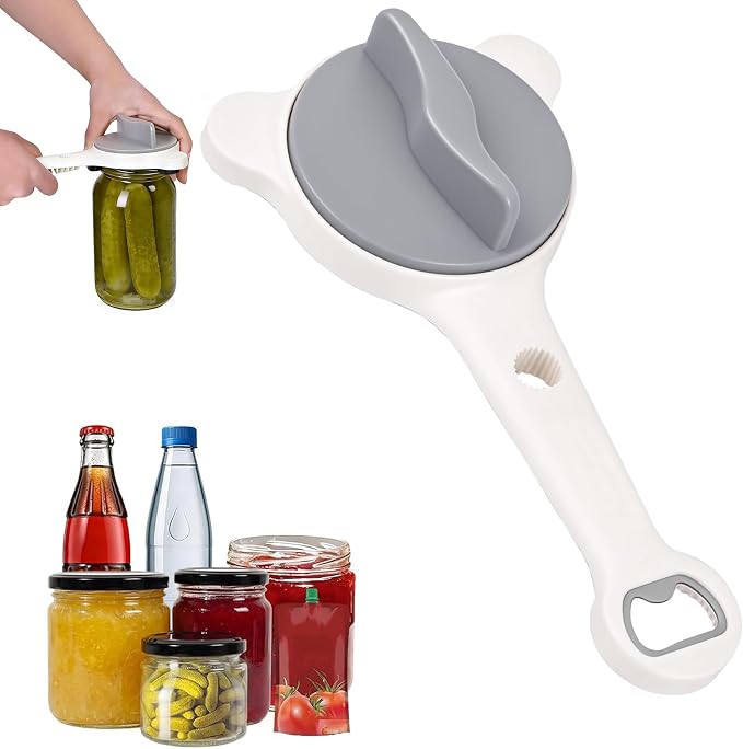 4-in-1 Jar Opener for Weak Hands, Adjustable Lid & Bottle Opener Gray | Ergonomic non-slip grip for arthritis hands, opens jars bottles cans, adjustable multi-size lid remover, durable kitchen tool