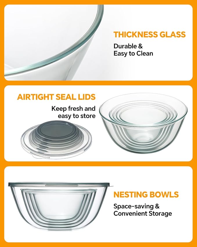 Glass Mixing Bowls with Lids Set of 5(4.78QT,2.2QT,1.7QT,1.1QT,0.85QT),Thick Glass Nesting Bowls for Kitchen Baking,Cooking Prep,Storage,Serving,Large Salad Bowls,Dishwasher Microwave Freezer Safe