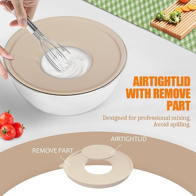 Mixing Bowls with Lids Set | Stainless Steel, 7 Sizes (0.7-4.5QT), with 3 Grater Attachments, Nesting, Dishwasher Safe (Khaki-7 Sizes)