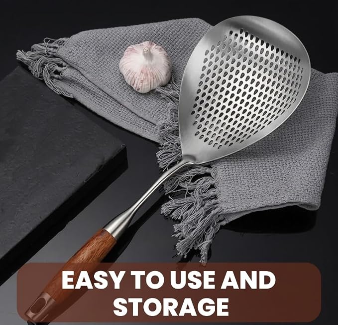 Skimmer Slotted Spoon 304 Stainless Steel With Wooden Handle 16.8 inch Skimmer Spider Food Strainer Ladle Kitchen Cooking Colander for Pasta Deep Frying Scoop