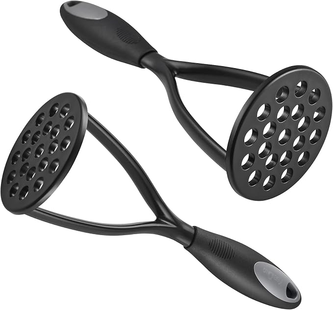 KSENDALO 2 Pack Potato Masher, Bean Smasher for Kitchen, Black | Nonstick Food Masher, 0,2inch Thick Nylon 3.5inch Diameter Round Blade, Rubber Wrapped Comfortable Handle, Hand Wash