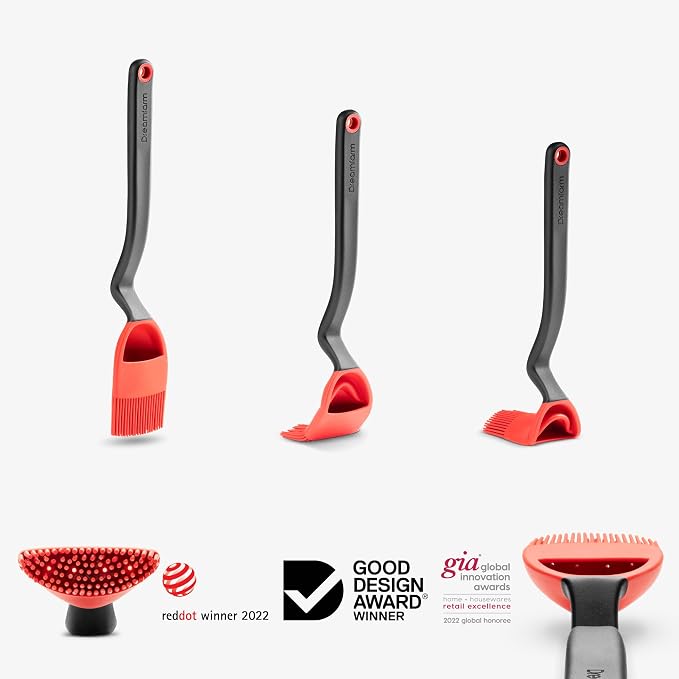 Dreamfarm Brizzle 3-In-1 Flexible Silicone Sit-Up Basting, Drizzle, Scooping Brush with In-Built Sauce Resevoir - Red | Sit-up, mess-free BBQ and pastry brush, flexible bristles, scoop and drizzle baster, holds 1 tbsp of liquid