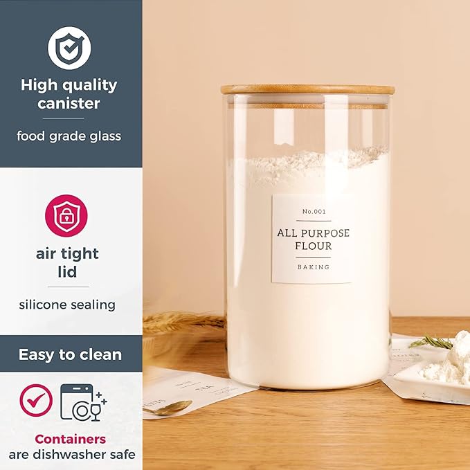 HHMJSM 1 Gallon Large Glass Food Storage Containers With Airtight Bamboo Lid - Kitchen Glass Storage Jars Canister With 42 Pantry Labels - Thicken Big Clear Rice Containers For Your Pantry