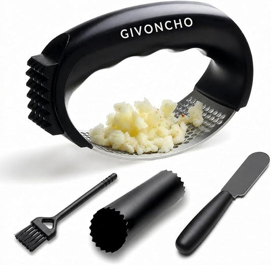 Garlic Press Rocker Set, Stainless Steel Garlic Crusher & Mincer Tool, Garlic Grinder with Peeler, Cleaning Brush and Spatula for Easy Garlic Mincing