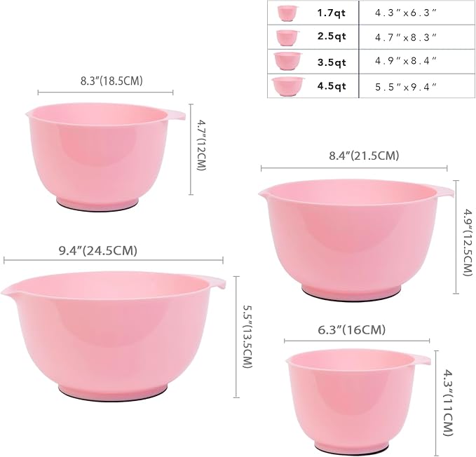 BoxedHom Classic Mixing Bowls Set of 4, BPA Free Microwave Safe,4.5 Quart | 3.5,2.5 and 1.7 QT, Non-slip Base Large Non-toxic Plastic Nesting Bowl with Pour Spout, Dishwasher Safe, for Prep, Cooking