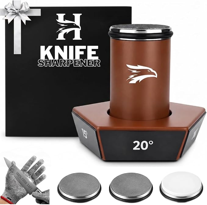 High Carbon Stainless Steel Rolling Knife Sharpener with 400, 1000 & 3000 Replacement Discs - Blunt Knife Sharpening Kit with 15 and 20 Degree Sharpening for Kitchen & Chef's Knives (DARK BROWN)