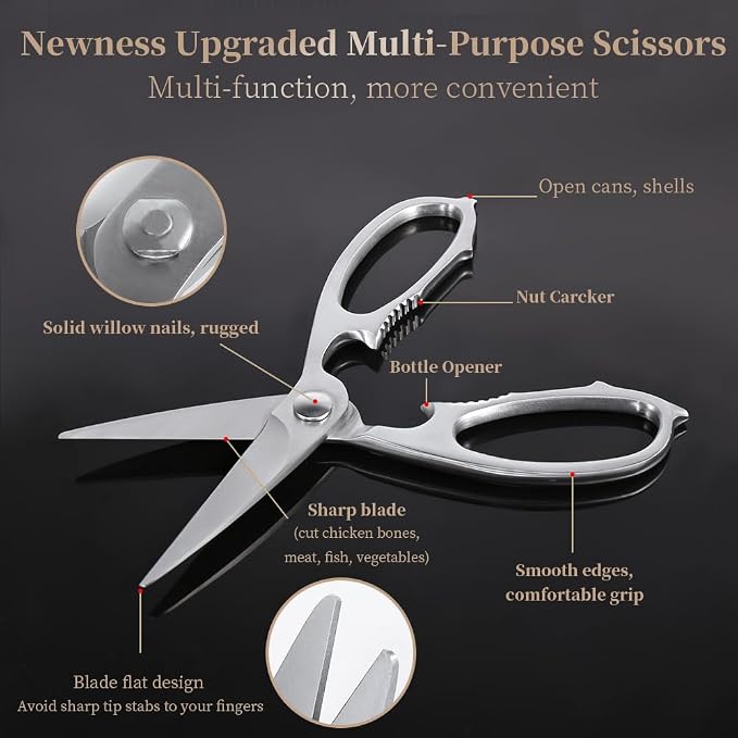 Multi-Purpose Kitchen Scissors, Premium Stainless Steel Solid Kitchen Shears for Can Opener, Walnut Cracker, Heavy Duty Poultry Scissors with Sharp Blade for Cutting Turkey, Chicken, Bones