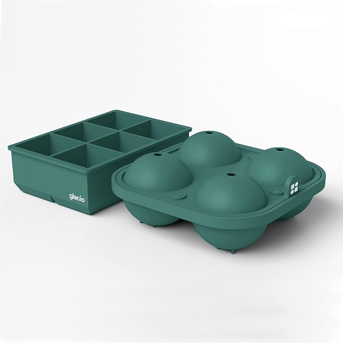 Ball Ice Cube Tray and Big Ice Cube Molds for Whiskey, Slow-Melting, 100% Silicone, No-Plastic, Easy Release, Ideal for Gifting and Elevating Cocktails (Green, 4 Spheres & 6 Cubes)