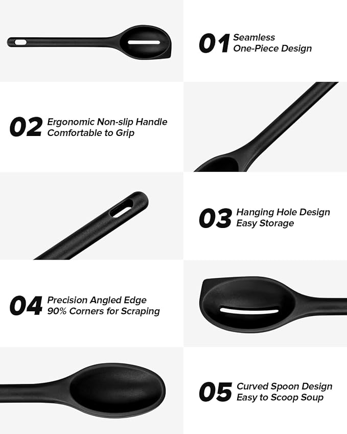 Silicone Cooking Spoons Set, Heat Resistant Kitchen Utensils, Non-Stick BPA Free Solid & Slotted Spoons for Mixing, Scooping, Draining, Serving, Basting (4 Pack) (BLACK)
