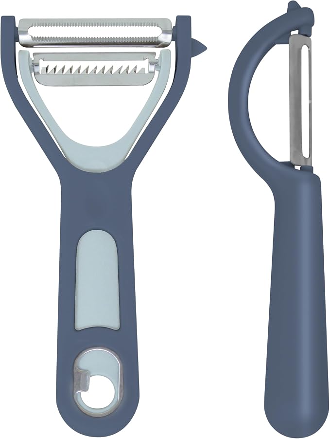 Vegetable Peeler 2-Piece Set – Swivel Cutter and Julienne Peeler with Bottle Opener and Built-in Eye Remover – Stainless Steel Blade with Comfortable Handle – Kitchen Tools & Accessories – Blue