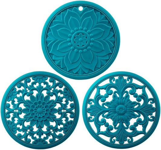 Teal Silicone Trivets for Hot Dishes, Pots & Pans, Round Hot Pads for Kitchen, Silicon Trivet mat for Table Tops, Silicone Pot Holder for Countertops, Heat Resistant Mats Set 3
